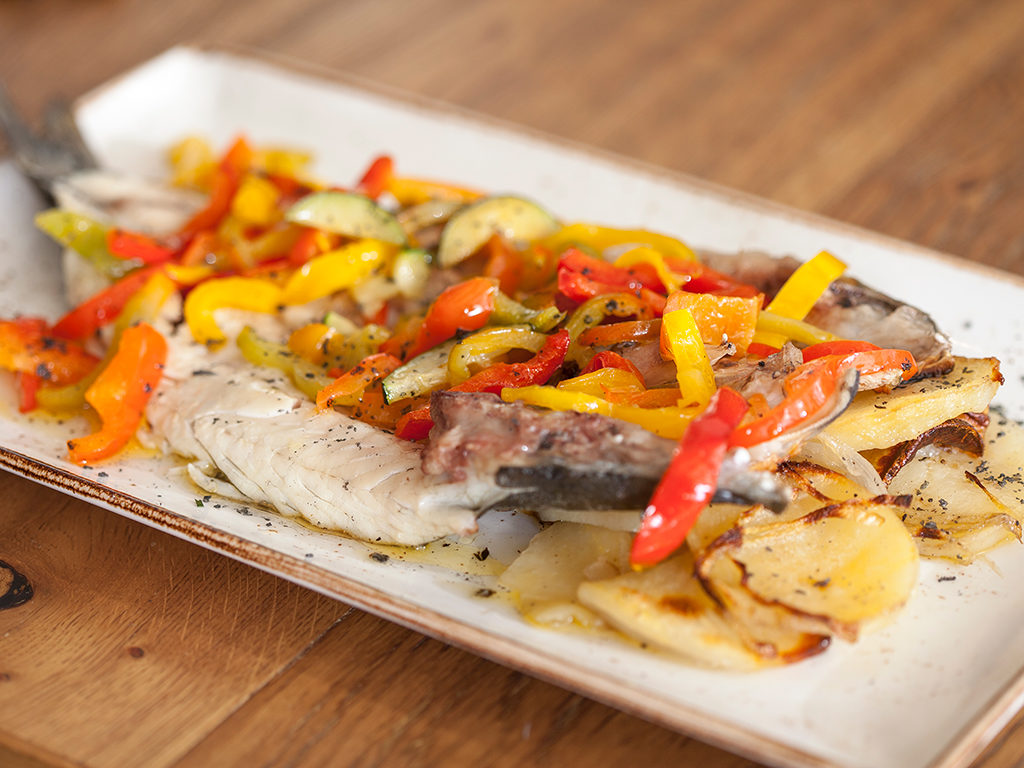 European sea bass grilled with vegetable crudites